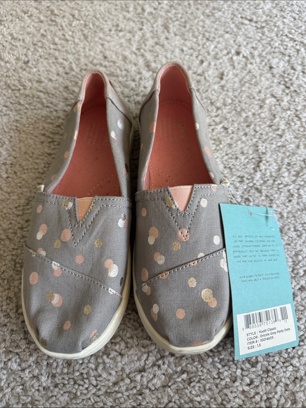 Toms Kids Gray Slip-On Sneakers with Pink and Gold Polka Dots